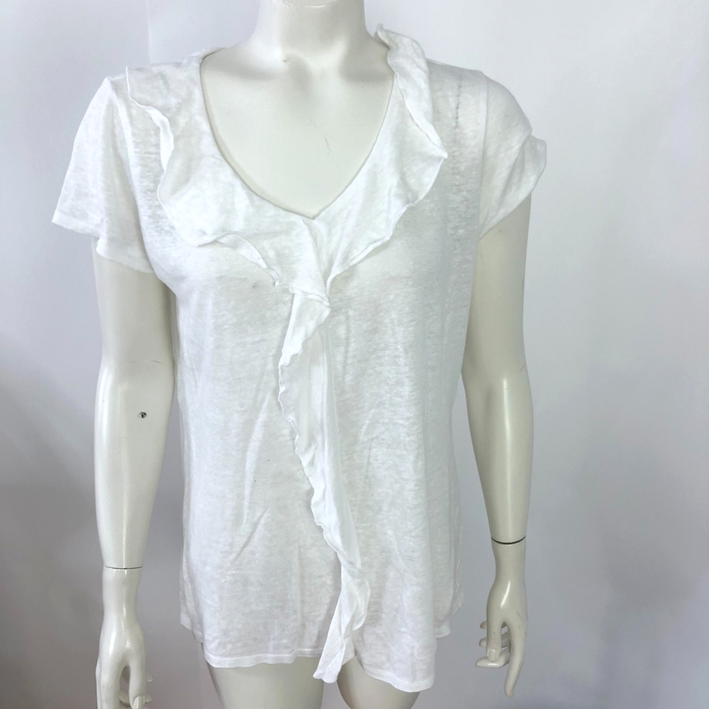 Sundance XS 100% Linen SS Womens Ruffled Pullover Top Blouse White MINT